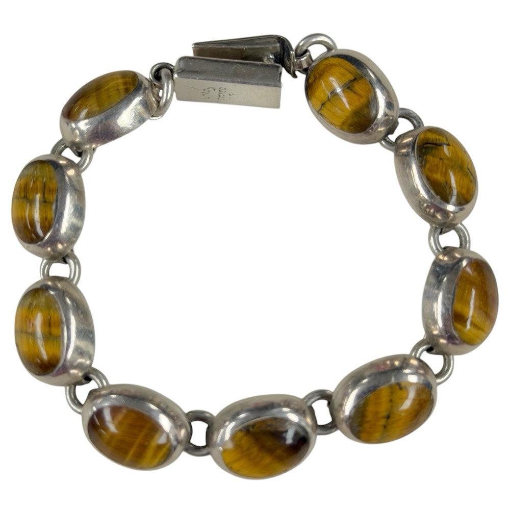 Vintage‎ MWS Mexico 925 Sterling Silver Tiger's Eye Link Bracelet 7.5" 3.36g